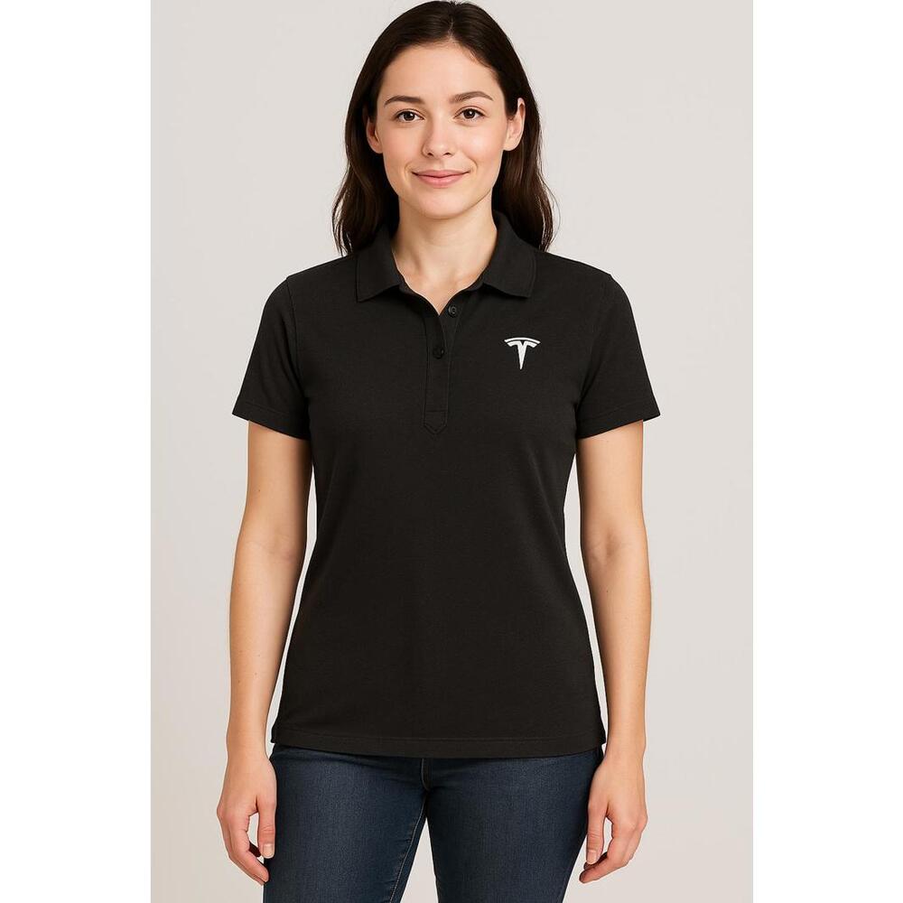 Women’s Black Tesla Polo Shirt — Embroidered Logo, Collared, Size s
